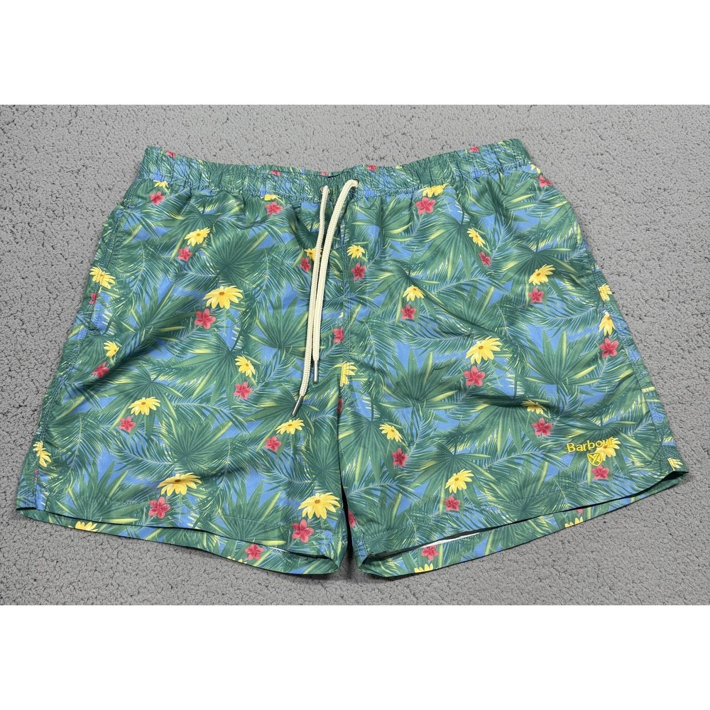 Barbour Swim Shorts Mens XL Green Tropical Floral Print Lined Elastic Waist
